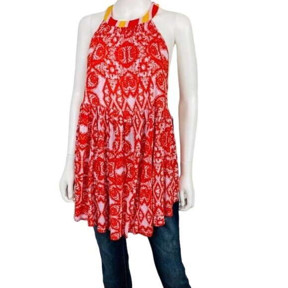 Free People Mimi Red Linen Halter Sleeveless Tunic Top - Picture 2 of 6